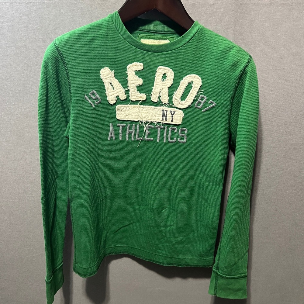 Aeropostale Mens Green Waffle Knit Thermal Aero Athletics Graphic Shirt M